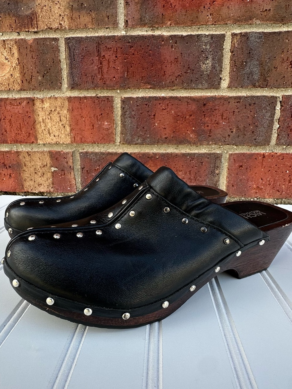 Michael Kors Black Leather Shoes Slide Mules Studded Wooden Clogs BOHO Heels